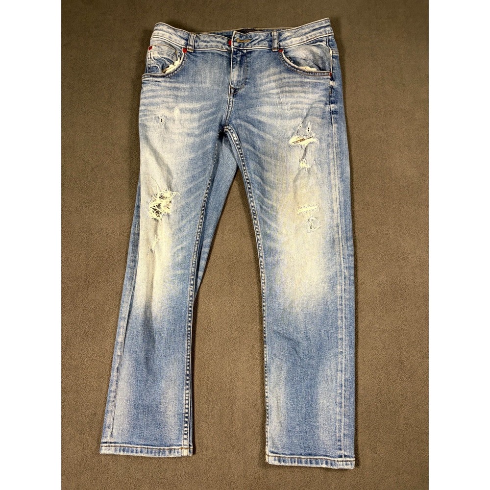 Zara Z1975 Heritage Jeans Womens 8 Blue Denim Cotton Straight Leg Distressed
